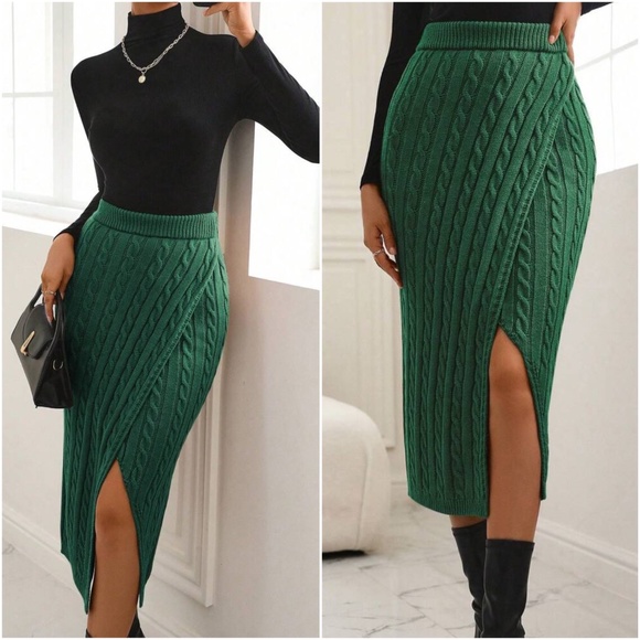Cable Knit Split Thigh Ribbed Midi Skirt